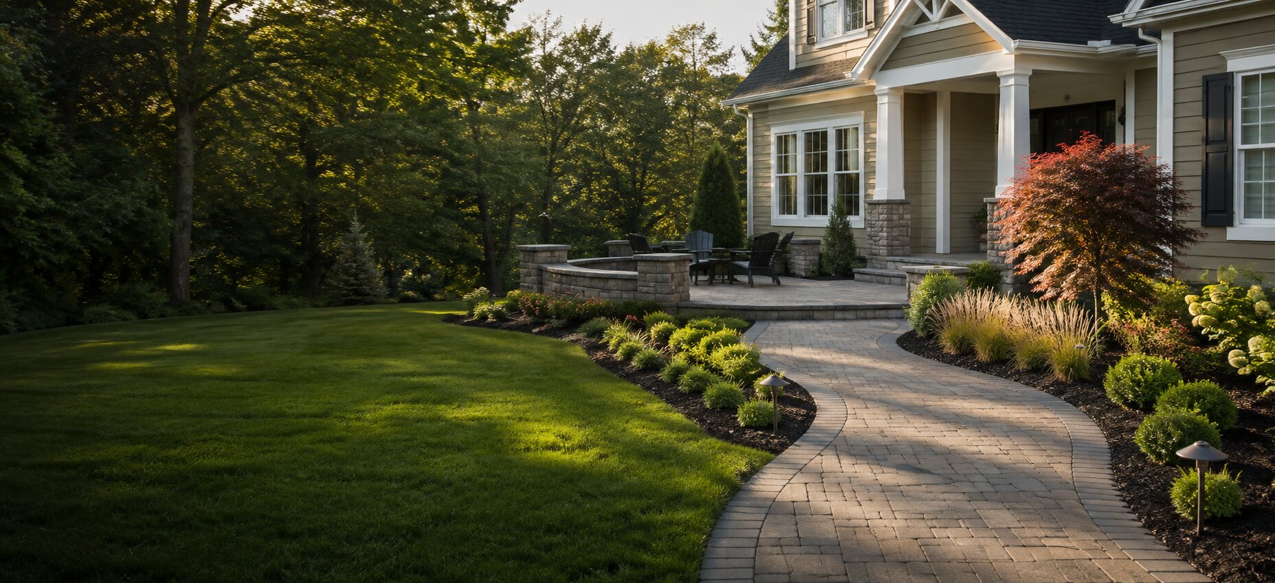 Landscaped home with a manicured lawn, paver walkway, and patio